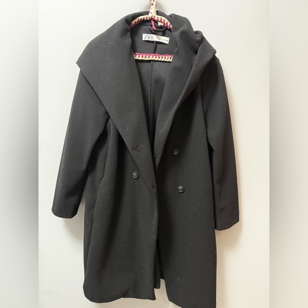 Zara Black Double-Breasted Coat With Hood Size S - Picture 5 of 5